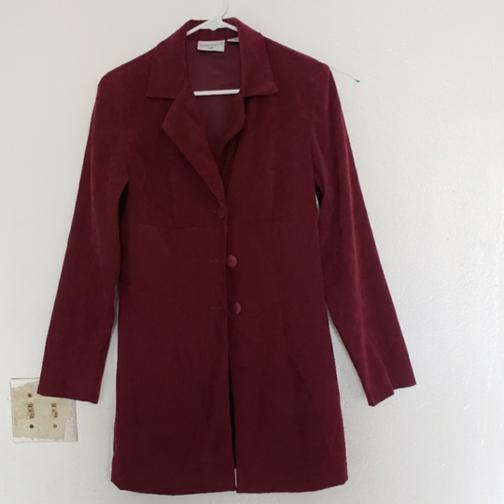 Vegan Suede Trench Coat Suit Blazer Jacket 10 12 L - Picture 2 of 6